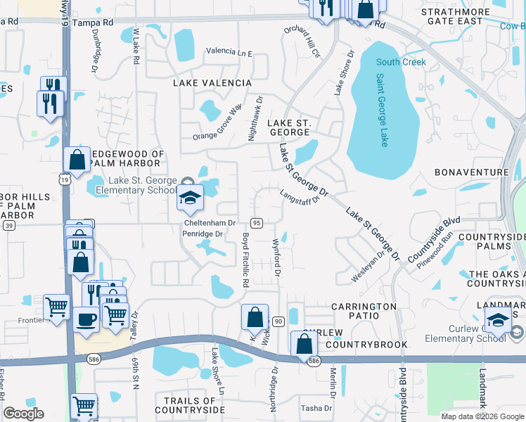 map of restaurants, bars, coffee shops, grocery stores, and more near 2681 Macklin Court in Palm Harbor