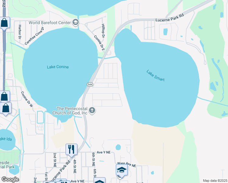 map of restaurants, bars, coffee shops, grocery stores, and more near 299 Winter Ridge Boulevard in Winter Haven