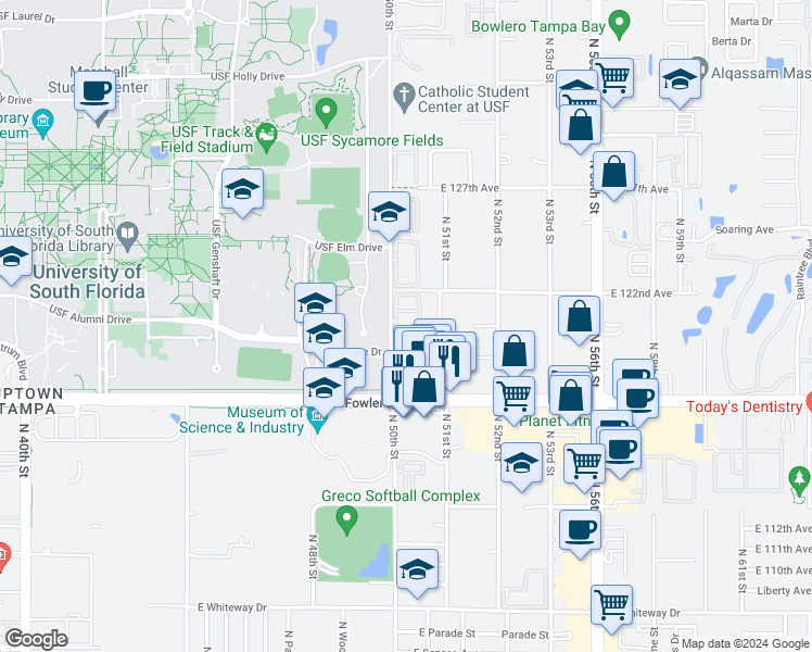 map of restaurants, bars, coffee shops, grocery stores, and more near 5010 Terrace Palms Circle in Tampa