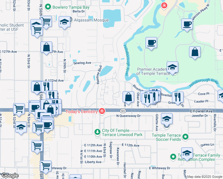 map of restaurants, bars, coffee shops, grocery stores, and more near 11861 Wildeflower Place in Tampa