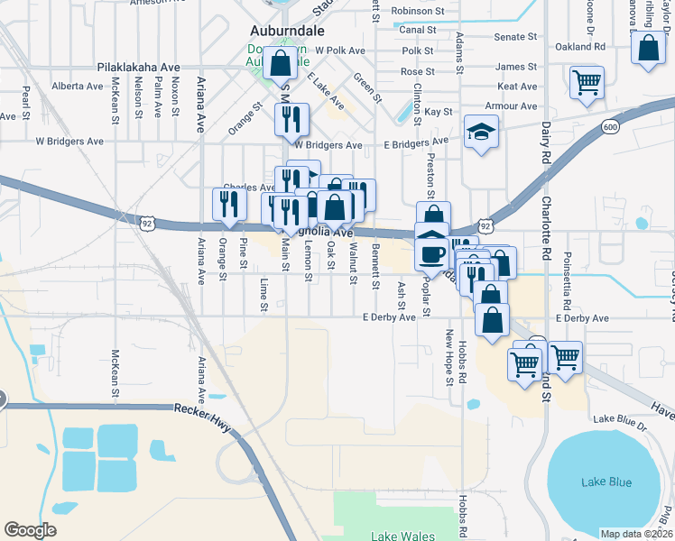 map of restaurants, bars, coffee shops, grocery stores, and more near 514 Walnut Street in Auburndale