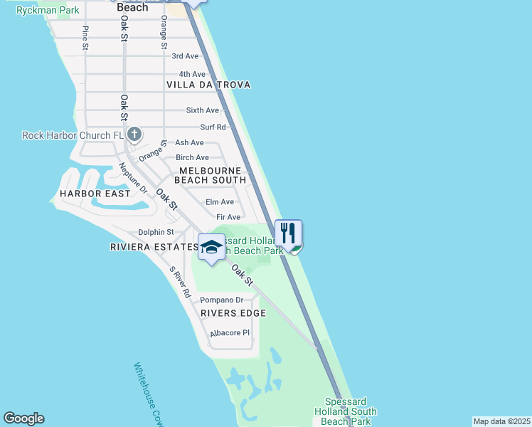 map of restaurants, bars, coffee shops, grocery stores, and more near 2207 Atlantic Street in Melbourne Beach