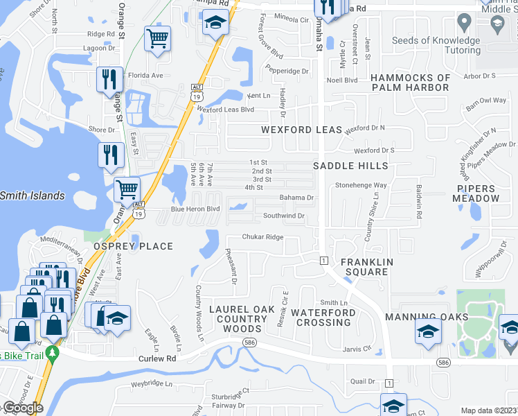 map of restaurants, bars, coffee shops, grocery stores, and more near 97 Bahama Drive in Palm Harbor