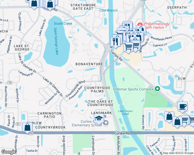 map of restaurants, bars, coffee shops, grocery stores, and more near 3825 Countryside Boulevard in Palm Harbor