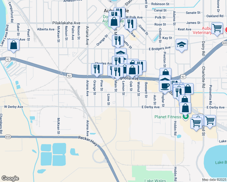 map of restaurants, bars, coffee shops, grocery stores, and more near 518 Main Street in Auburndale