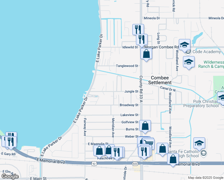 map of restaurants, bars, coffee shops, grocery stores, and more near 1109 Jungle Court in Lakeland