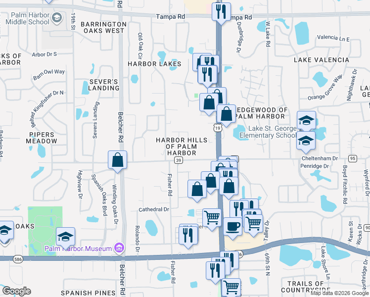 map of restaurants, bars, coffee shops, grocery stores, and more near 754 Wildflower Drive in Palm Harbor