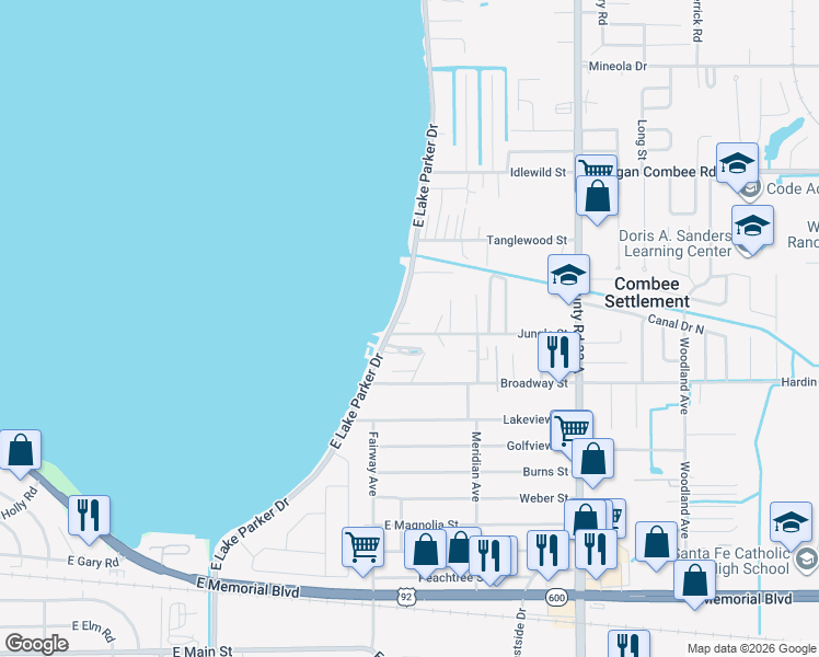 map of restaurants, bars, coffee shops, grocery stores, and more near 1117 East Lake Parker Drive in Lakeland