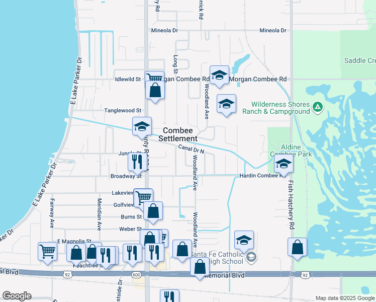 map of restaurants, bars, coffee shops, grocery stores, and more near 1055 Pineview Place in Lakeland