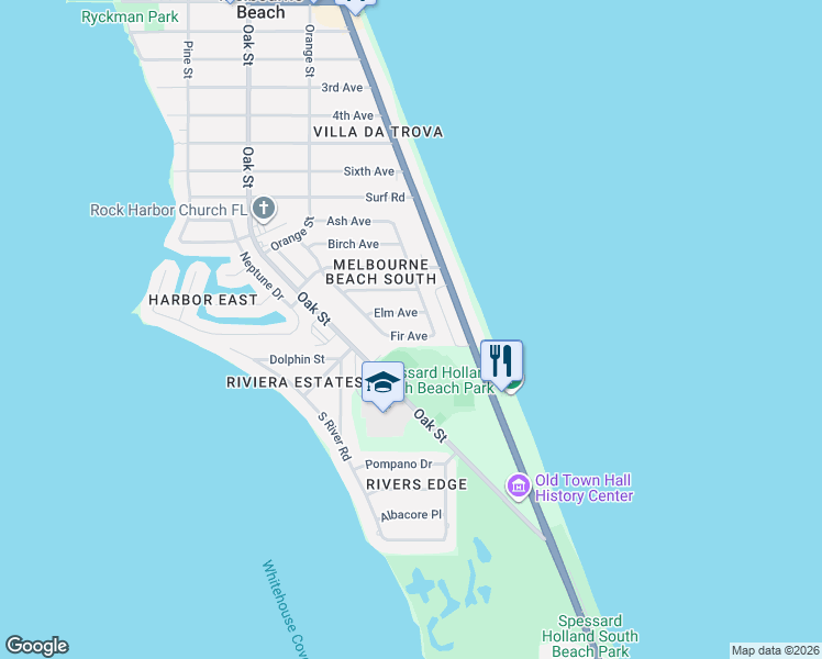 map of restaurants, bars, coffee shops, grocery stores, and more near 205 Elm Avenue in Melbourne Beach