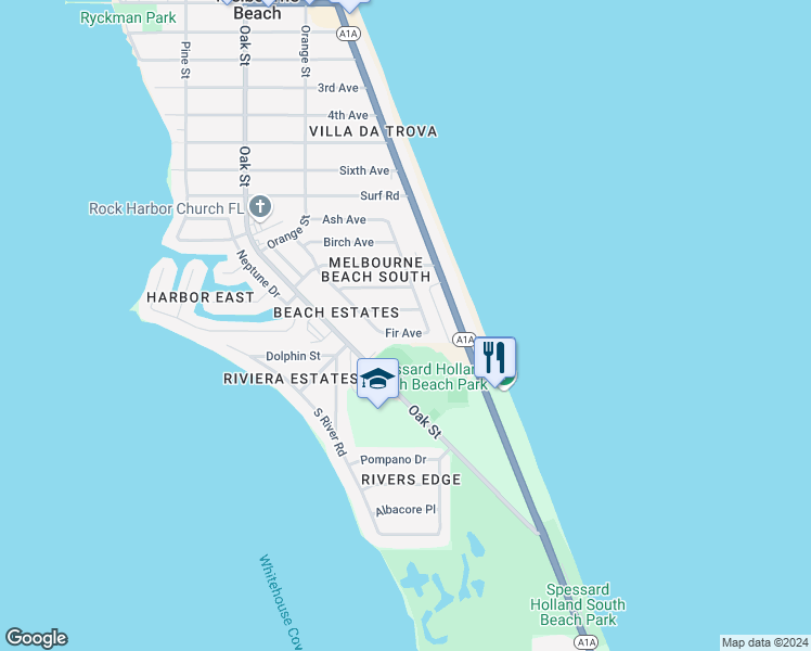 map of restaurants, bars, coffee shops, grocery stores, and more near 206 Fir Avenue in Melbourne Beach