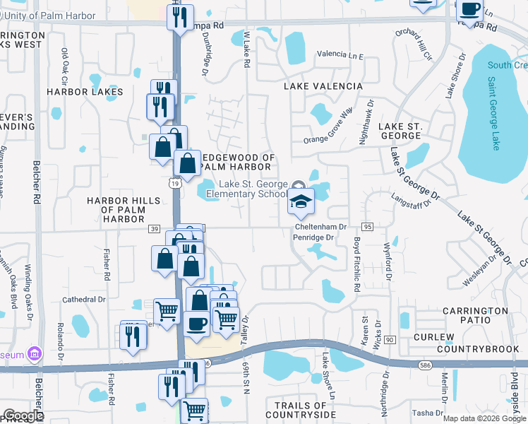 map of restaurants, bars, coffee shops, grocery stores, and more near 2751 Wilson Court in Palm Harbor