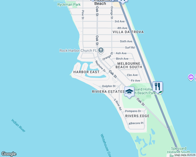 map of restaurants, bars, coffee shops, grocery stores, and more near 407 Anchor Key in Melbourne Beach
