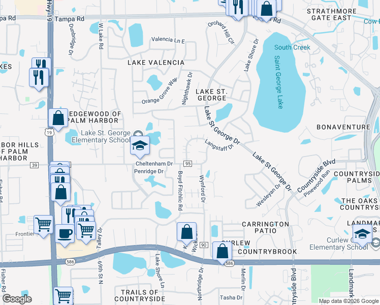 map of restaurants, bars, coffee shops, grocery stores, and more near 2682 Rachel Court in Palm Harbor