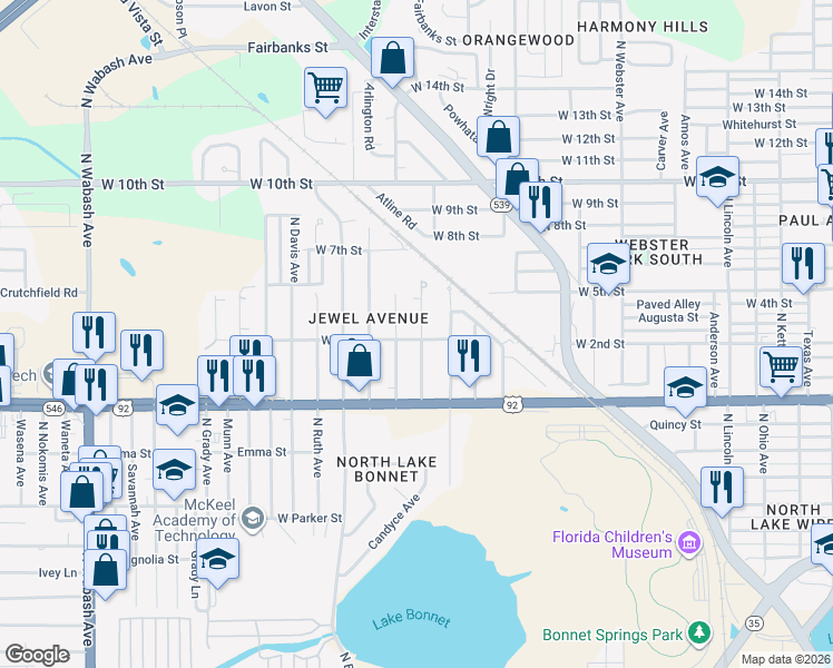 map of restaurants, bars, coffee shops, grocery stores, and more near 1104 Neville Avenue in Lakeland