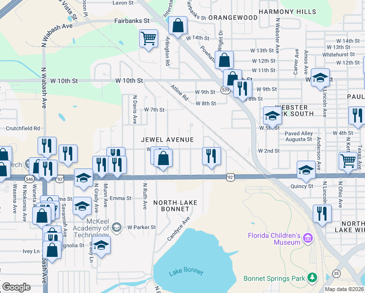 map of restaurants, bars, coffee shops, grocery stores, and more near 1113 Roselle Avenue in Lakeland