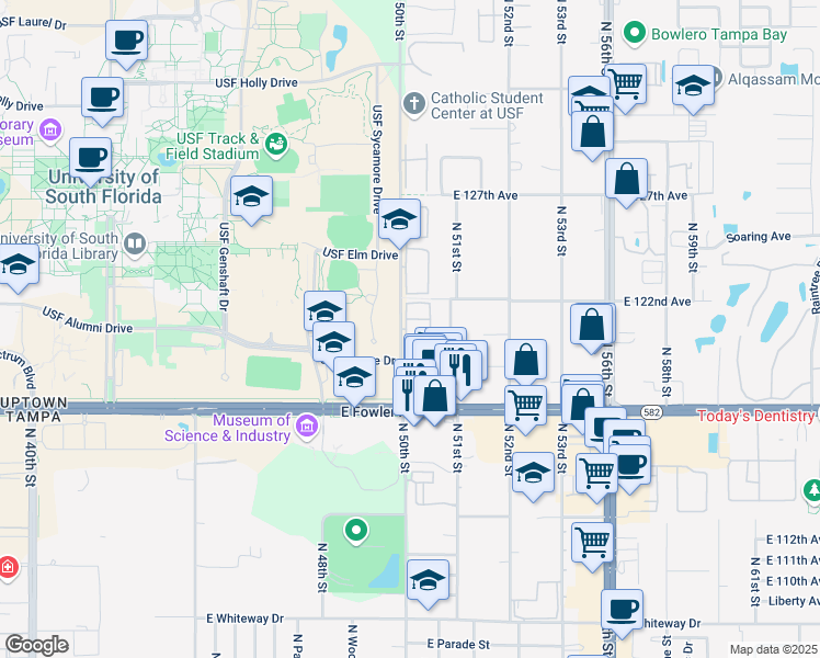 map of restaurants, bars, coffee shops, grocery stores, and more near 5055 Terrace Club Lane in Tampa