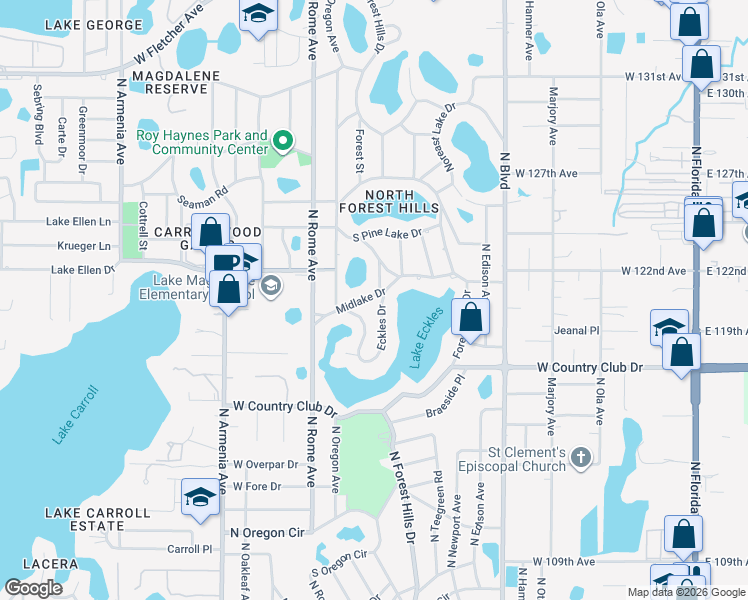 map of restaurants, bars, coffee shops, grocery stores, and more near 12020 Midlake Drive in Tampa