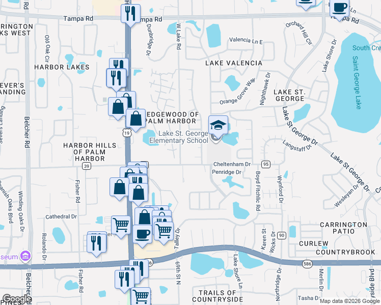 map of restaurants, bars, coffee shops, grocery stores, and more near 2751 Wilson Court in Palm Harbor