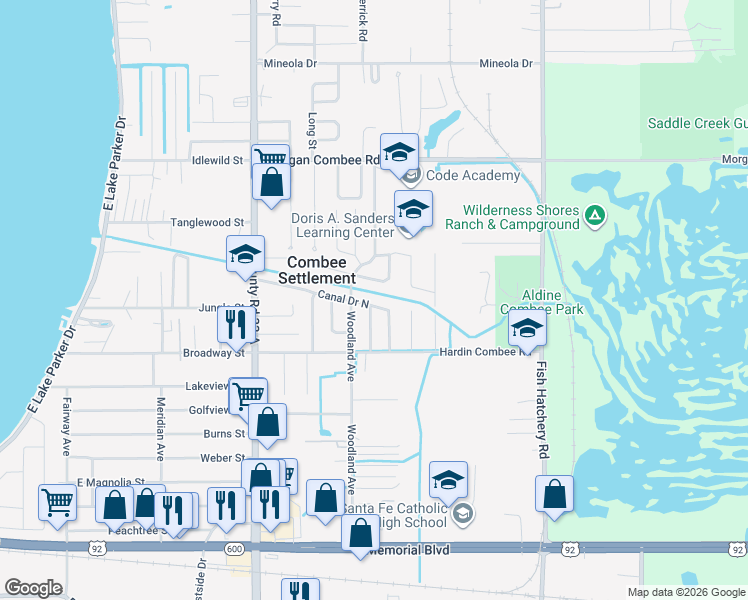 map of restaurants, bars, coffee shops, grocery stores, and more near 2820 Canal Drive North in Lakeland