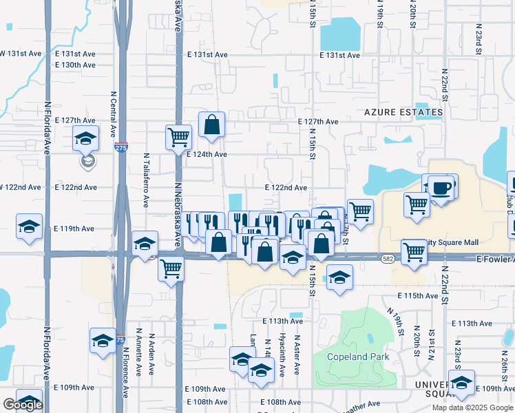 map of restaurants, bars, coffee shops, grocery stores, and more near 11733 North 12th Street in Tampa