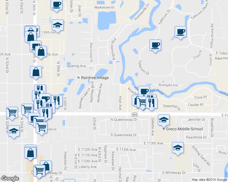 map of restaurants, bars, coffee shops, grocery stores, and more near 11861 Wildeflower Place in Tampa