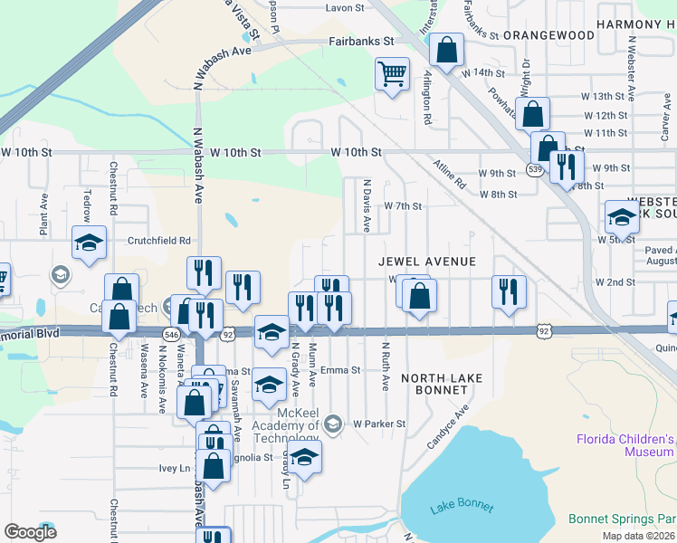 map of restaurants, bars, coffee shops, grocery stores, and more near 1109 North Swindell Avenue in Lakeland