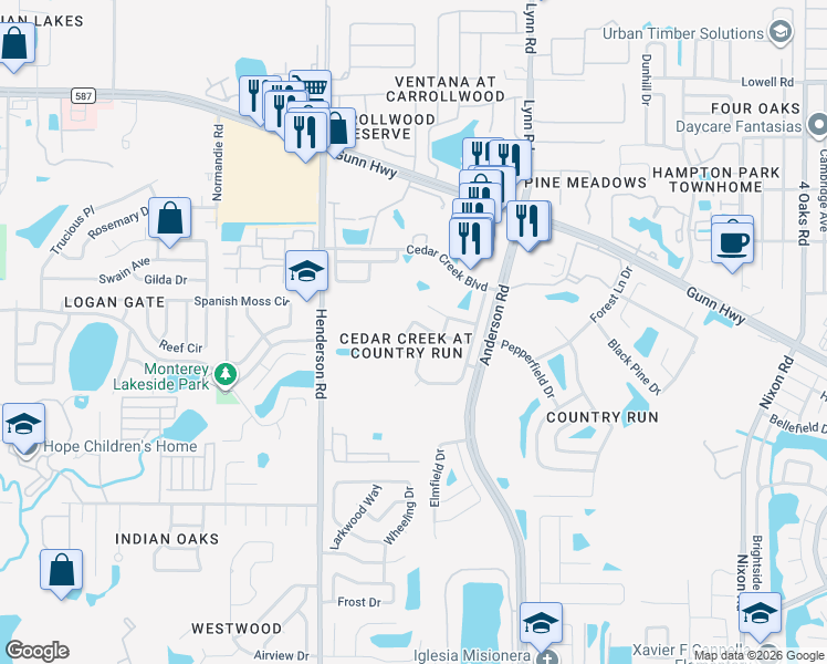 map of restaurants, bars, coffee shops, grocery stores, and more near 5938 Birchwood Drive in Tampa