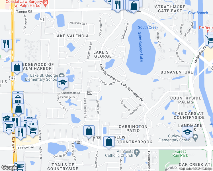 map of restaurants, bars, coffee shops, grocery stores, and more near 2734 Langstaff Drive in Palm Harbor