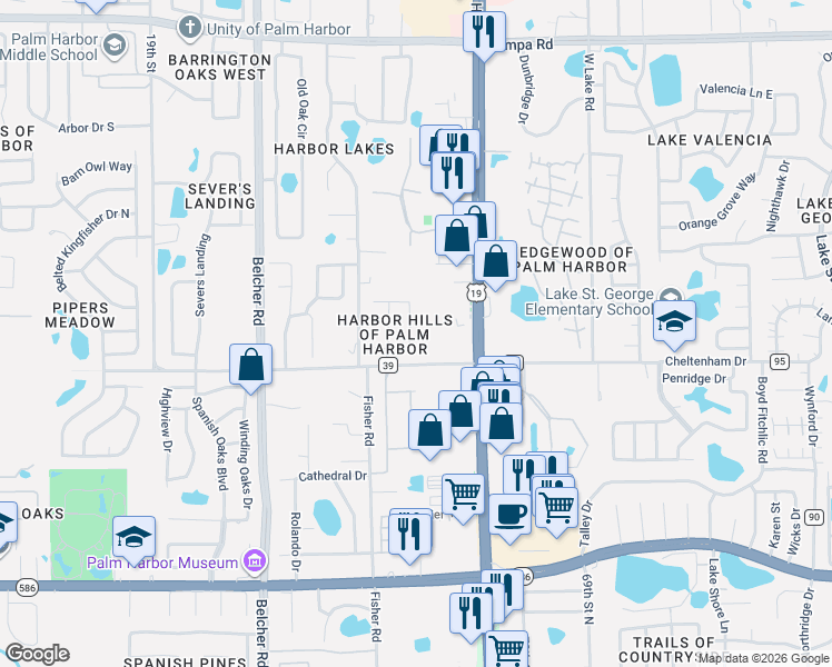 map of restaurants, bars, coffee shops, grocery stores, and more near 754 Wildflower Drive in Palm Harbor