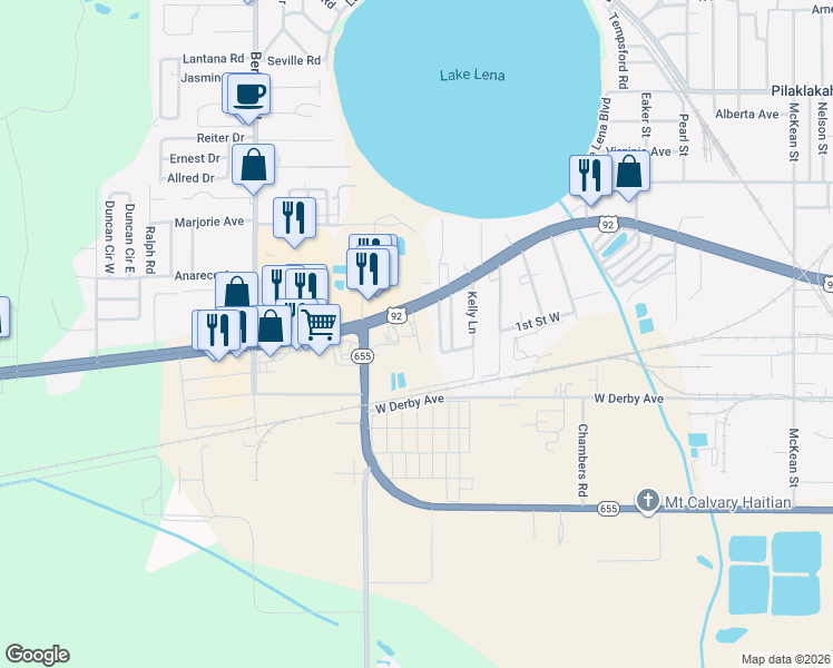 map of restaurants, bars, coffee shops, grocery stores, and more near Walker Road in Auburndale