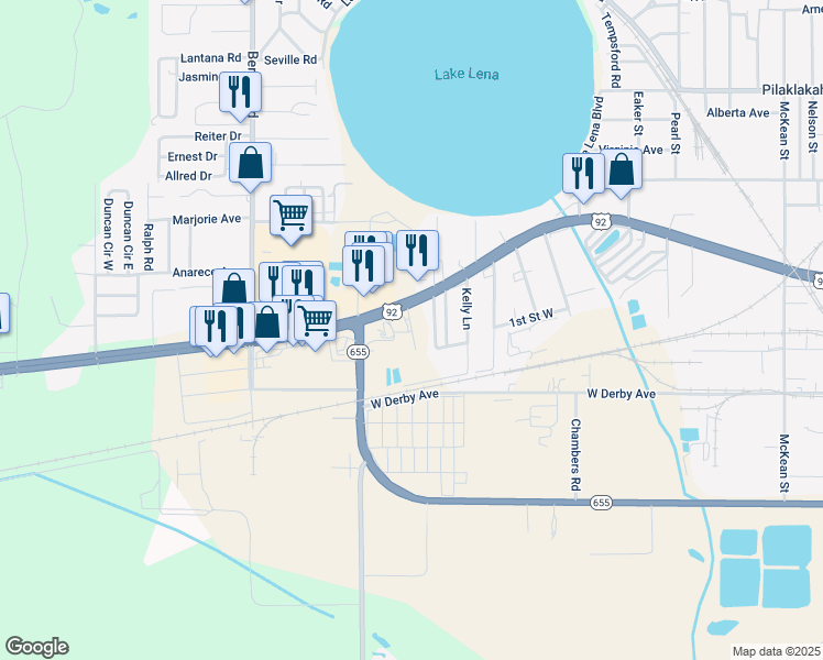 map of restaurants, bars, coffee shops, grocery stores, and more near Walker Road in Auburndale