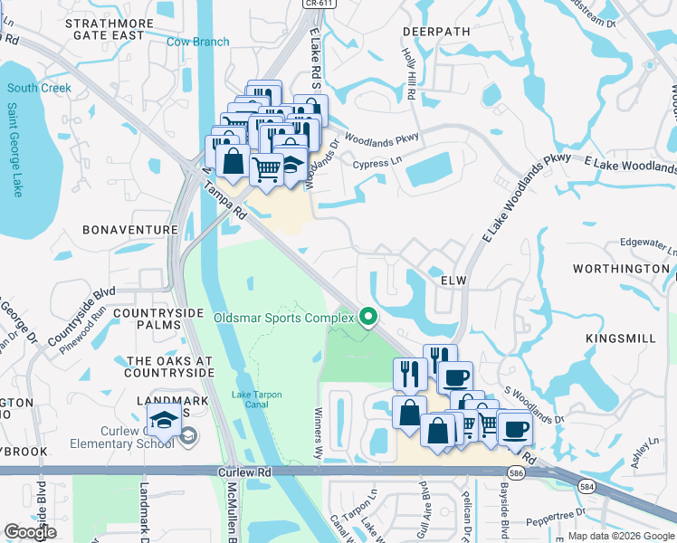 map of restaurants, bars, coffee shops, grocery stores, and more near 206 Windward Place in Oldsmar