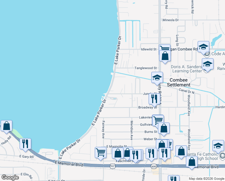 map of restaurants, bars, coffee shops, grocery stores, and more near 1117 East Lake Parker Drive in Lakeland