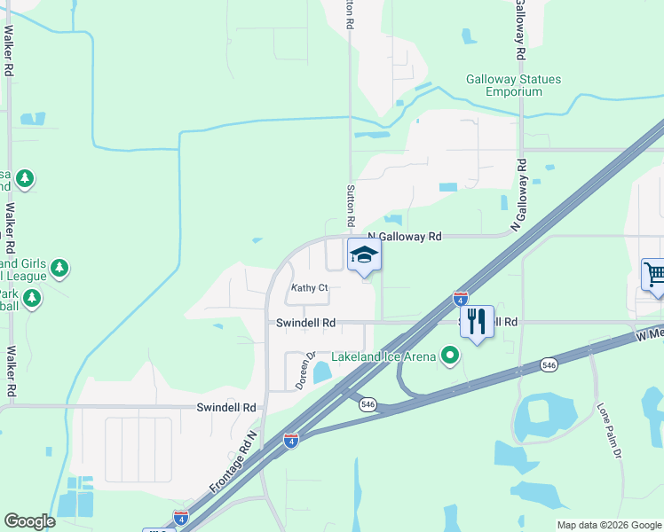 map of restaurants, bars, coffee shops, grocery stores, and more near 1105 Mercury Drive West in Lakeland