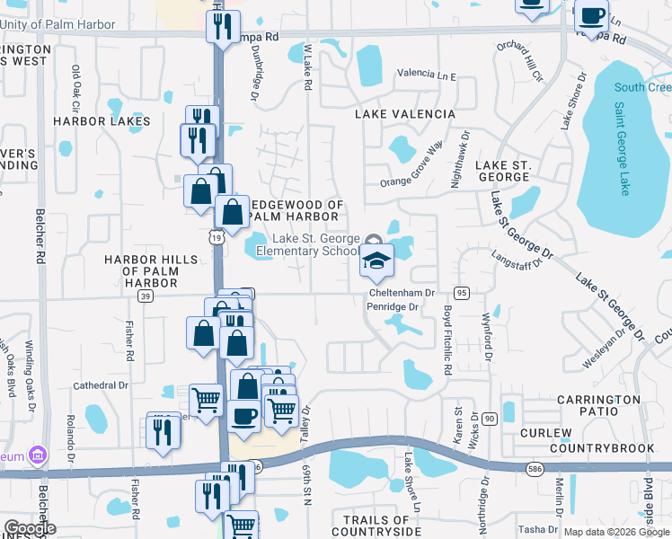 map of restaurants, bars, coffee shops, grocery stores, and more near 2751 Wilson Court in Palm Harbor