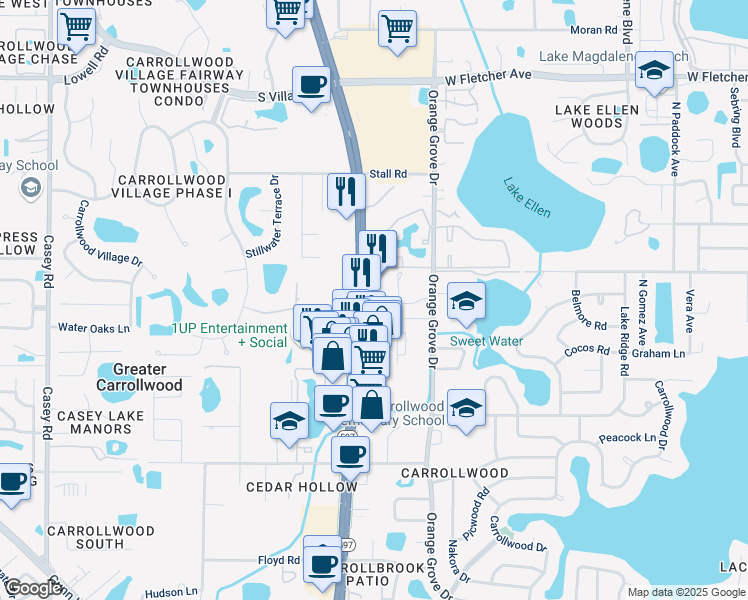 map of restaurants, bars, coffee shops, grocery stores, and more near 11915 North Dale Mabry Highway in Tampa