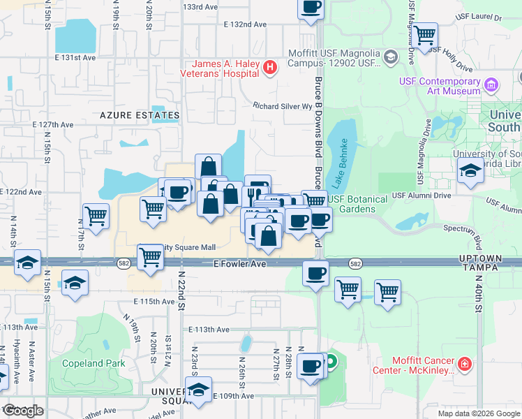 map of restaurants, bars, coffee shops, grocery stores, and more near 2770 University Square Drive in Tampa
