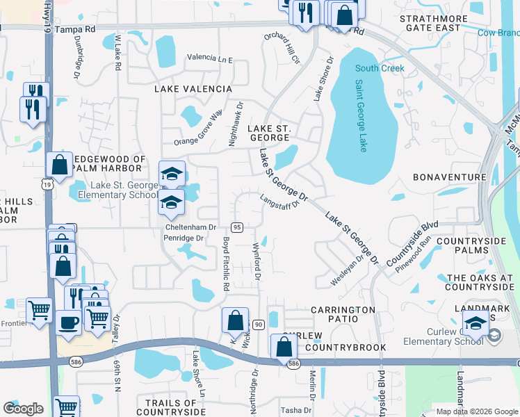 map of restaurants, bars, coffee shops, grocery stores, and more near 2681 Macklin Court in Palm Harbor