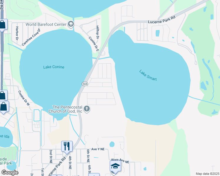 map of restaurants, bars, coffee shops, grocery stores, and more near 299 Winter Ridge Boulevard in Winter Haven