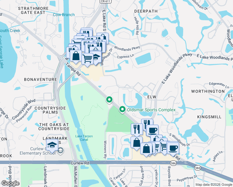 map of restaurants, bars, coffee shops, grocery stores, and more near 204 Windward Place in Oldsmar