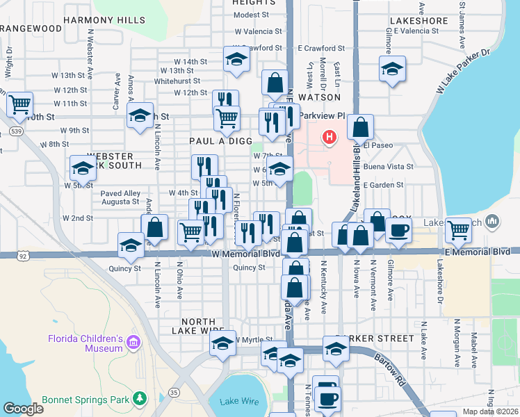map of restaurants, bars, coffee shops, grocery stores, and more near 205 West 3rd Street in Lakeland
