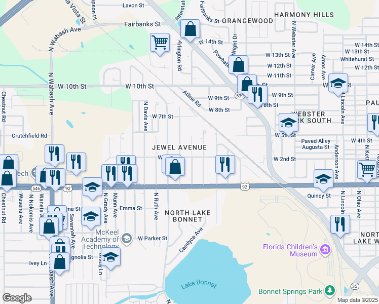 map of restaurants, bars, coffee shops, grocery stores, and more near 1108 Roselle Avenue in Lakeland