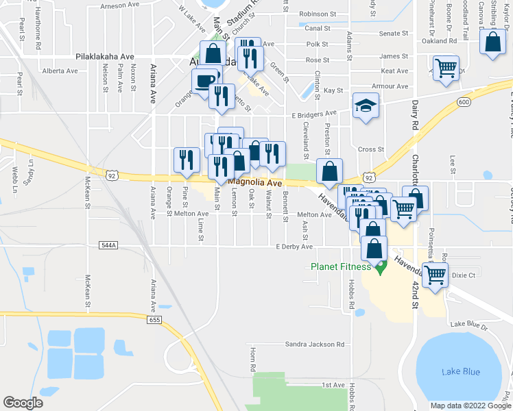 map of restaurants, bars, coffee shops, grocery stores, and more near 514 Walnut Street in Auburndale