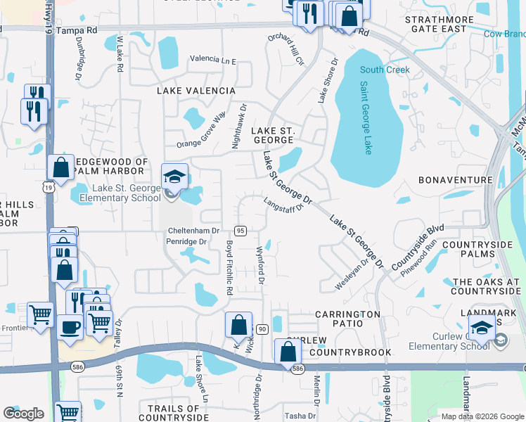 map of restaurants, bars, coffee shops, grocery stores, and more near 2699 Macklin Court in Palm Harbor