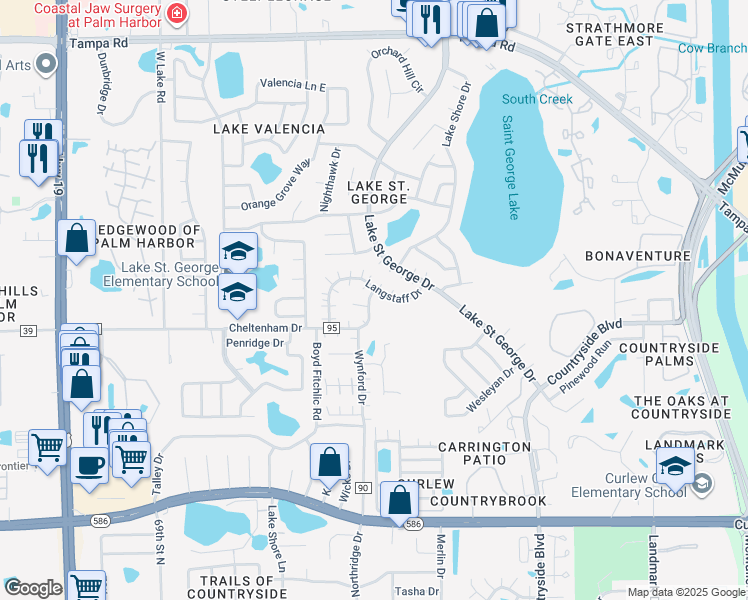 map of restaurants, bars, coffee shops, grocery stores, and more near 2734 Langstaff Drive in Palm Harbor