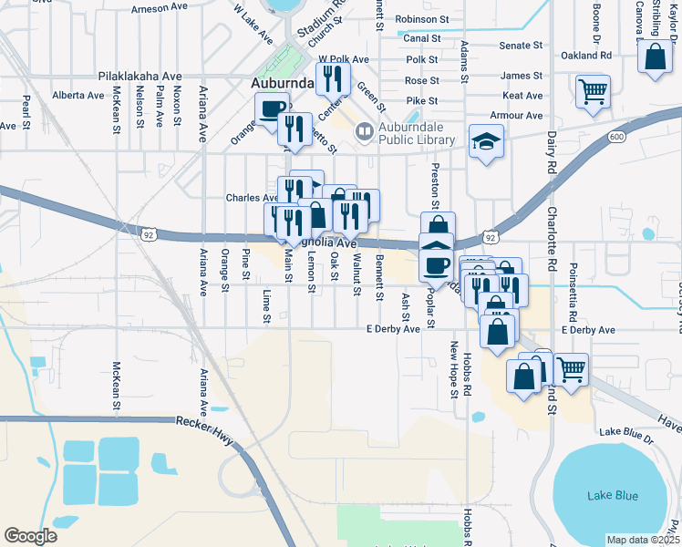 map of restaurants, bars, coffee shops, grocery stores, and more near 514 Walnut Street in Auburndale