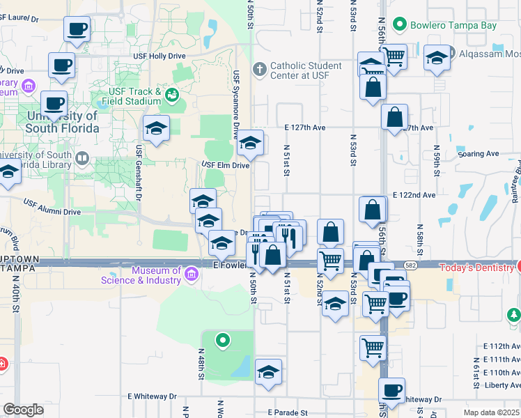 map of restaurants, bars, coffee shops, grocery stores, and more near 5055 Terrace Club Lane in Tampa