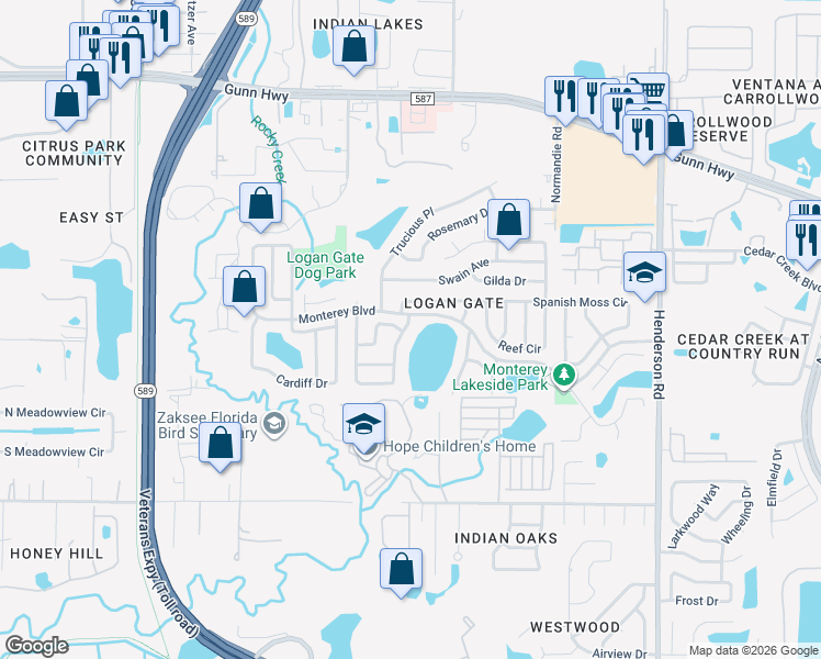 map of restaurants, bars, coffee shops, grocery stores, and more near 12530 Mondragon Drive in Tampa