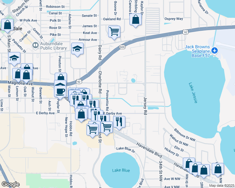 map of restaurants, bars, coffee shops, grocery stores, and more near 531 New Horizon Loop in Auburndale